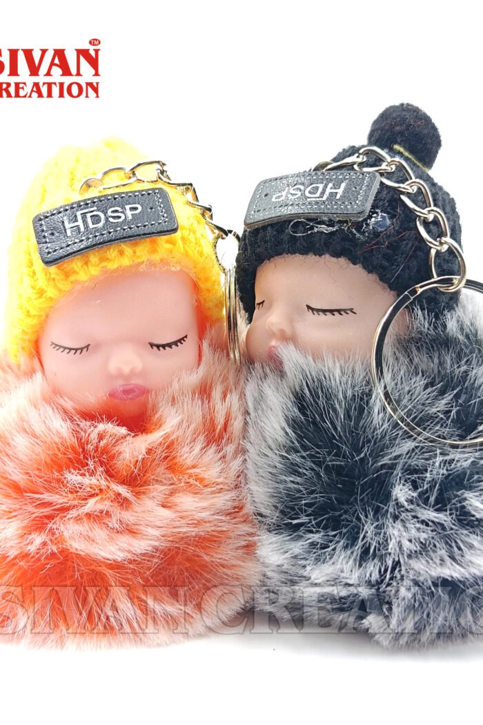 2PCS Cute Sleeping Baby Doll Keychain | Fluffy Faux Fur Pom Pom Key Chain for Bags, Car, Purse | Soft Plush Keyring for Women, Girls, Kids | (Random Color Pair)