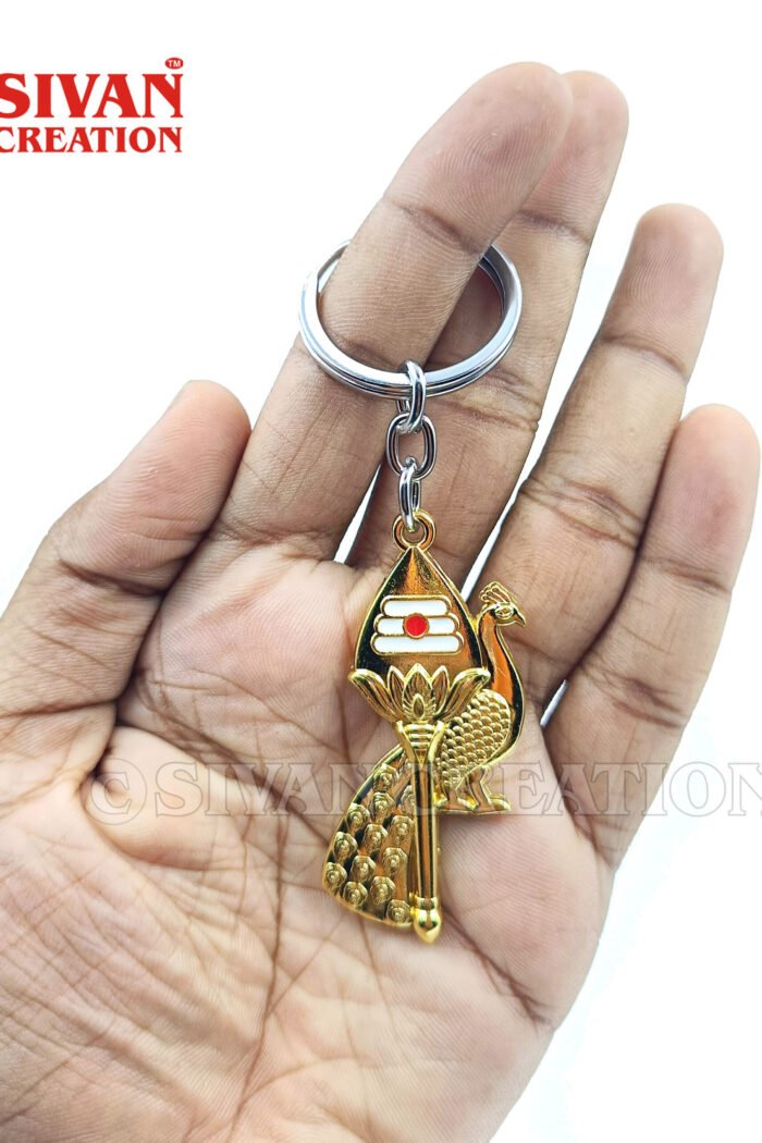 Lord Murugan Om Vel with Peacock Keyring Muruga Vel with Peacock Keychain for men and women Tamil Hindu God Karthikeya Keyring Gold Murugan Vel keyring for car and bike Om Keychain For Gift