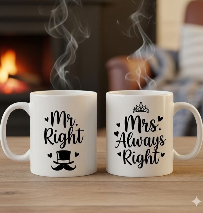 Mr. Right & Mrs. Always Right Ceramic Mug Set — White, Non‑personalized