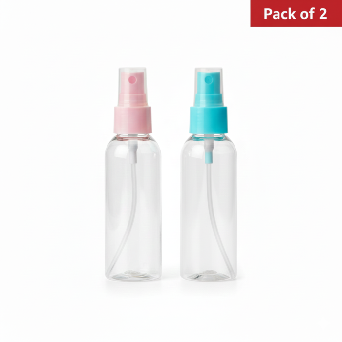 2-Pack Refillable Plastic Spray Bottles | Fine Mist Sprayer for Hair, Cleaning Solutions, Plants & Essential Oils – Clear, Leak-Proof Travel Containers (100ml)