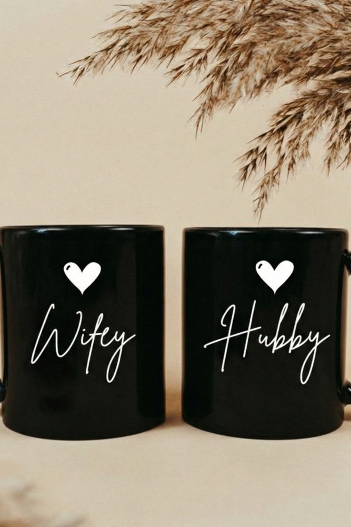 Couple Mug Set — Hubby & Wifey with Heart Glossy Black Ceramic