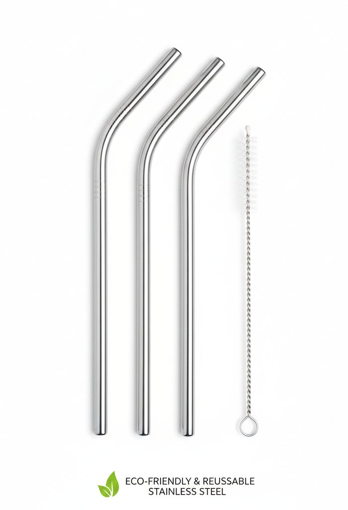 Reusable Stainless Steel Drinking Straws with Cleaning Brush – Bent Metal, Dishwasher Safe