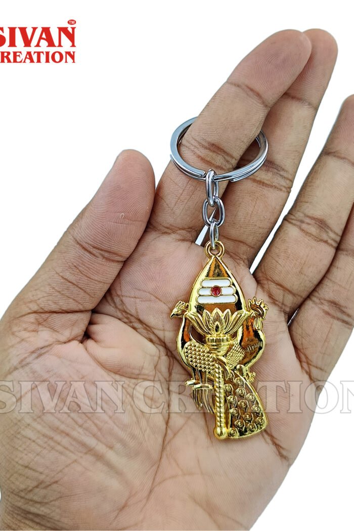 Lord Murugan Om Vel with Peacock and Seval (Rooster) design Keyring Muruga Vel with Peacock Keychain for men and women Karthikeya Keyring Muruga Vel keyring for car and bike Om Keychain