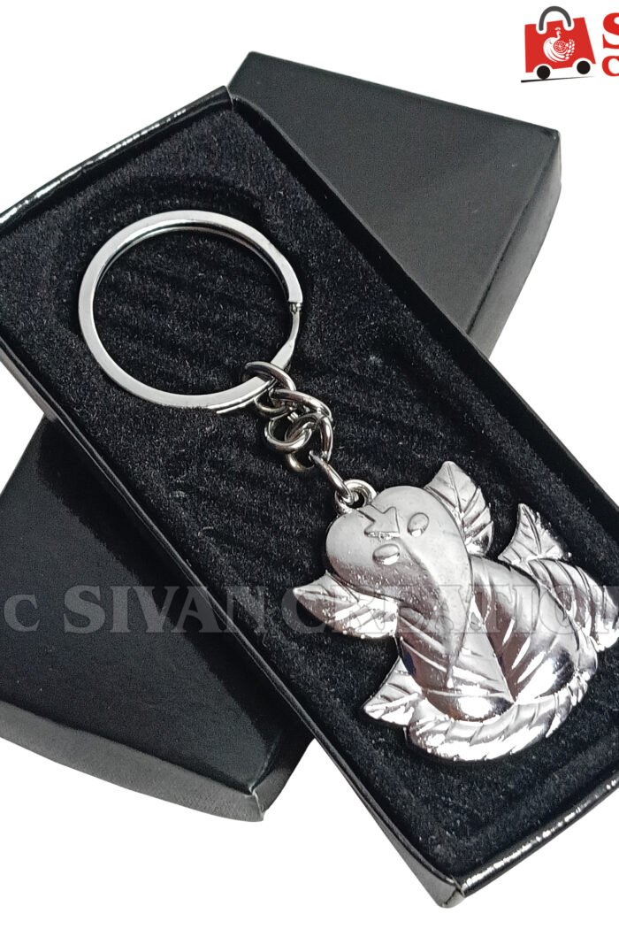 Silver Leaf Ganesh Keychain – Lord Ganesha Keyring, Hindu God Keychain & Spiritual Gift for Car, Bag & Home
