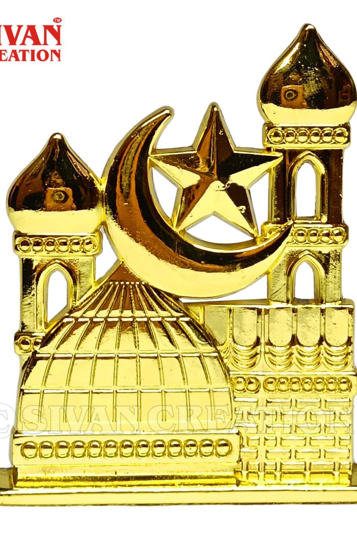 Metal Crescent Moon and Star Religious Symbol Showpiece – Golden Finish Decorative Idol for Car Dashboard, Home, Office and Table Decor