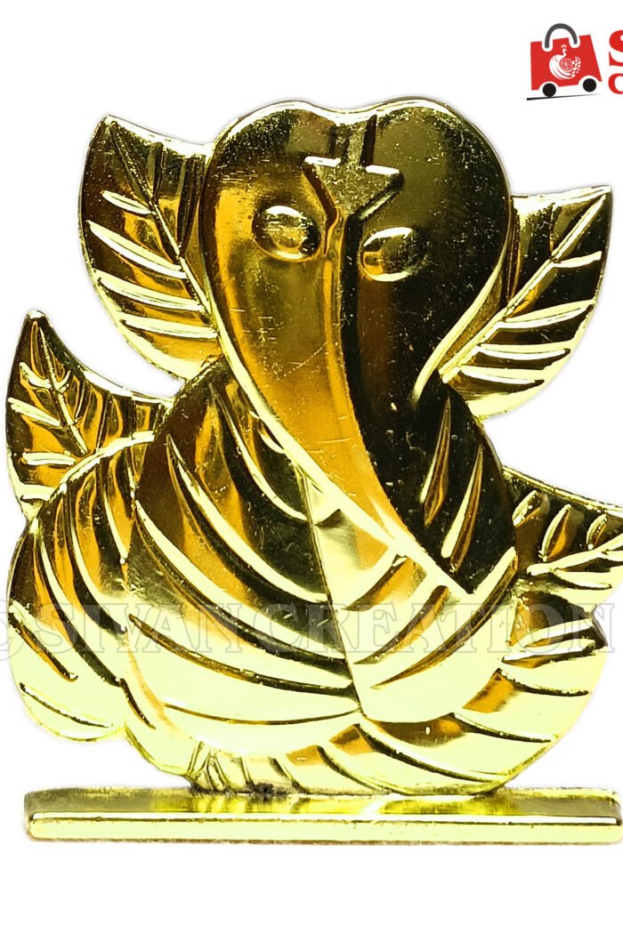 Metal Leaf Design Ganesh Idol – Golden Finish Ganesha Showpiece for Car Dashboard, Home, Office and Table Decor