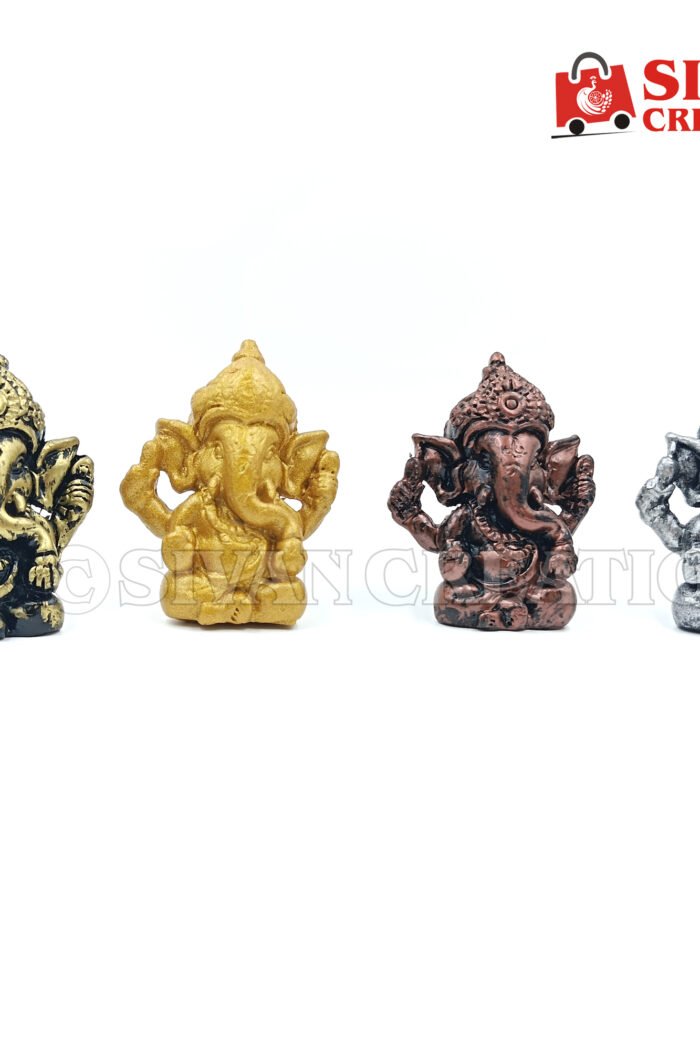 Mini Ganesha Idol Set of 4 – Premium Metallic Finish Decorative Ganesh Statues for Home, Office & Car