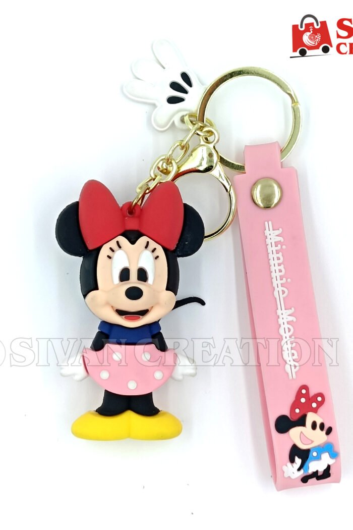 Minnie mouse Cartoon Character Keychain with Strap – Soft Rubber Keychain for Kids, Bag Charm, Car Key Ring, Cute Key Holder Accessory