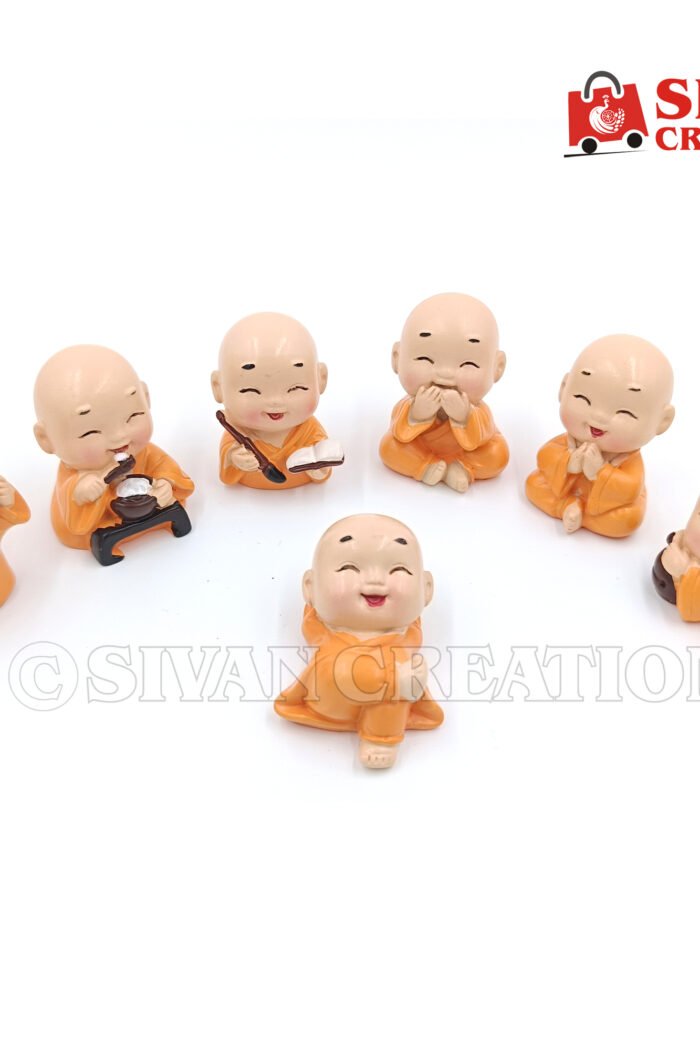7 Pcs Laughing Baby Monk Statue Set | Cute Little Buddha Figurines for Home Decor, Office, Gift & Feng Shui