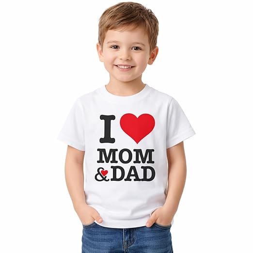 Kids I Love Mom Dad Printed White T-Shirt