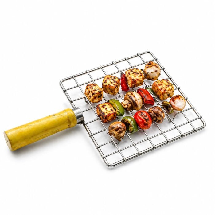 Stainless Steel BBQ Grill Net Basket with Wooden Handle