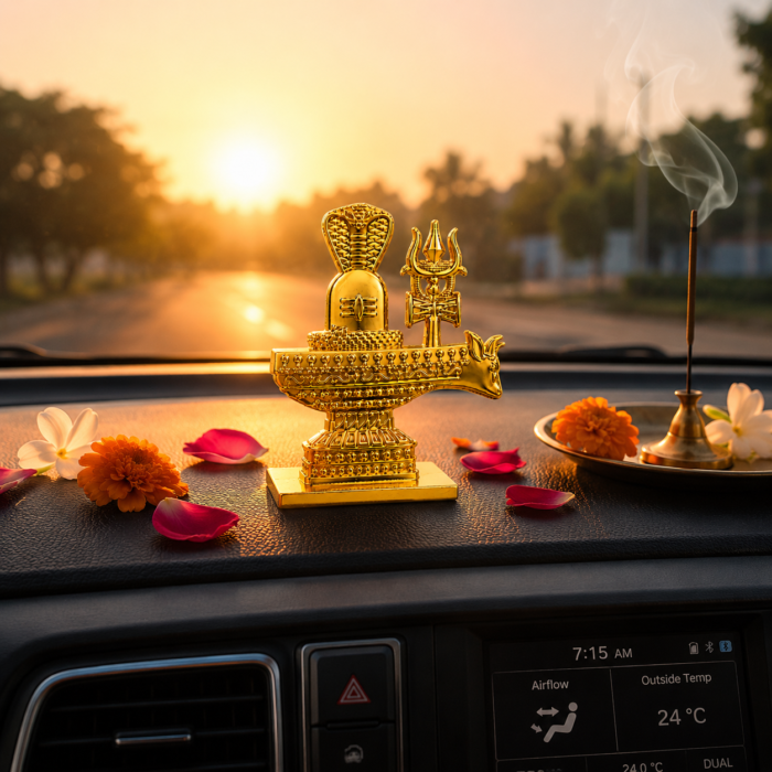 Golden Shiv Ling Dashboard Idol with Trishul & Nandi